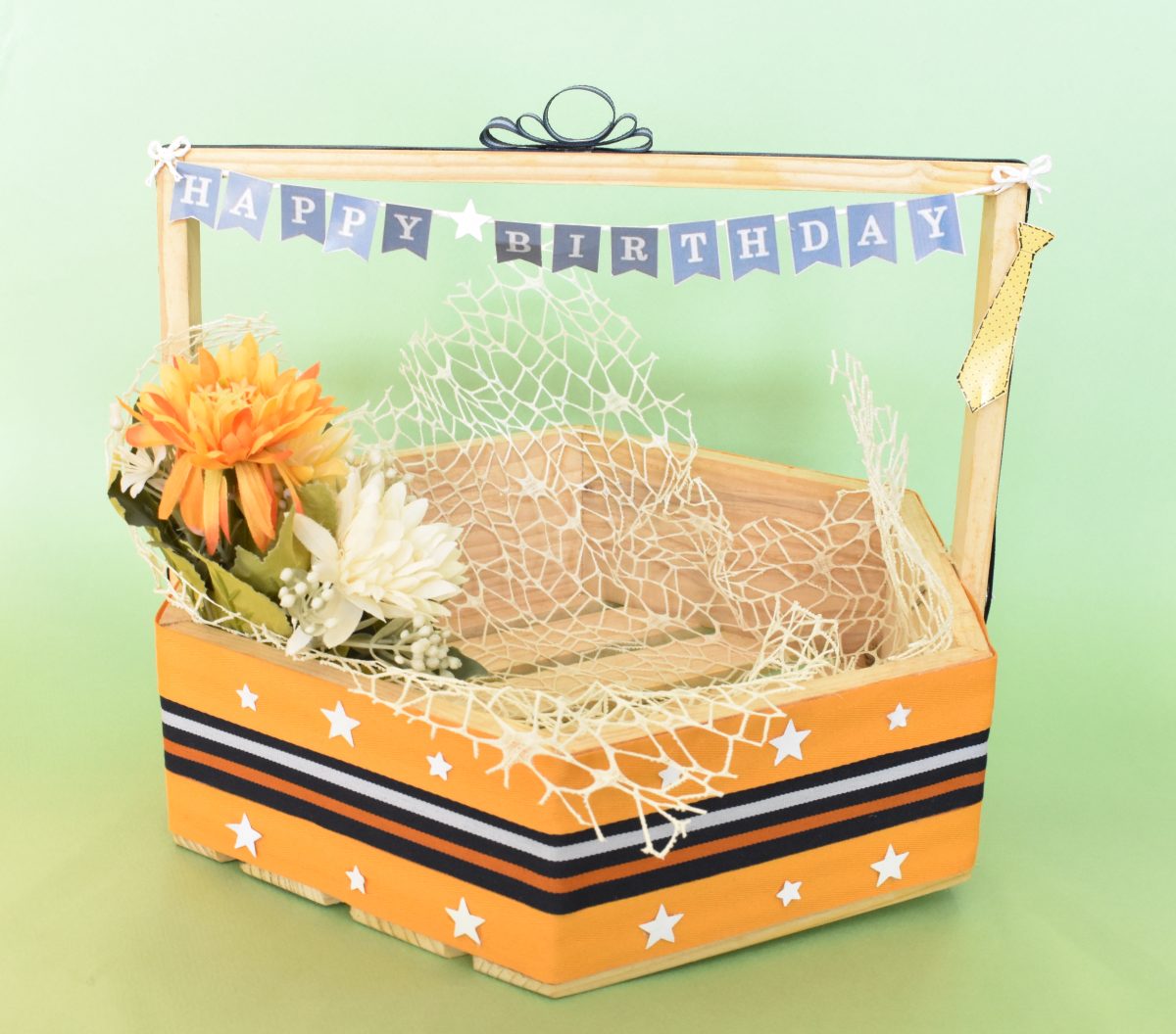 decorated wooden birthday basket