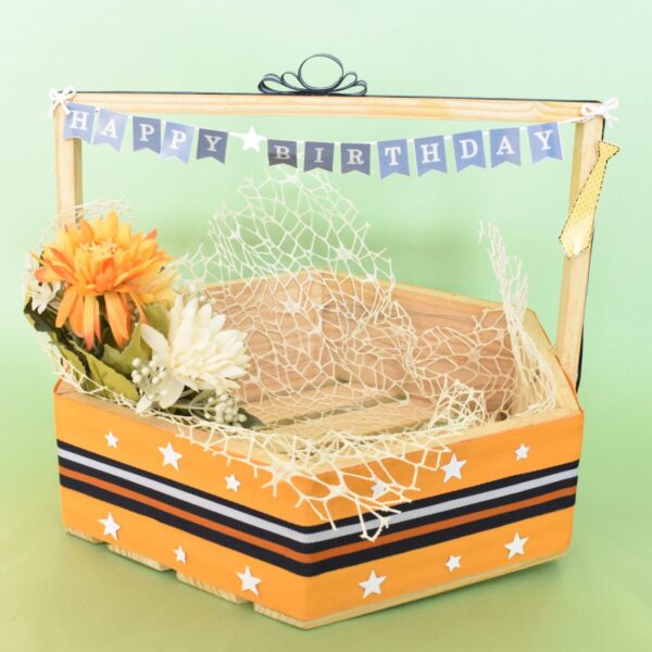 decorated wooden birthday basket